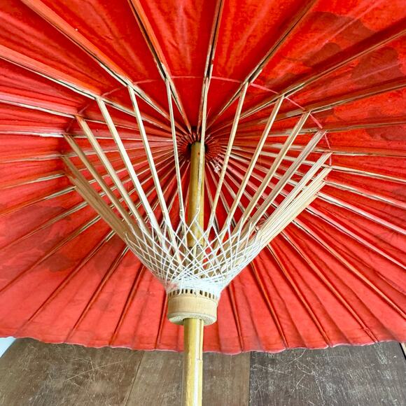 Vintage hand painted Cherry Blossom Finch Bird Red Parasol Bamboo Umbrella - Picture 8 of 11